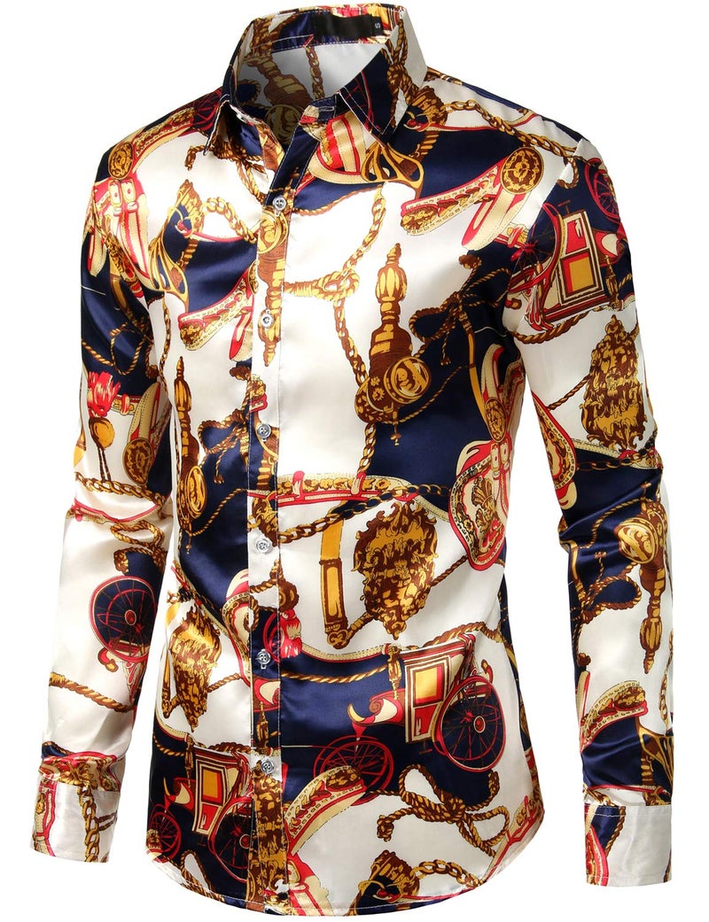 ZEROYAA Men's Hipster Printed Silk Like Satin Button Down Dress Shirt for Party Prom ZLCL11-Beige Medium - Image 2